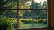 © Ahmad - window with water droplets of humidity condensation on window seen from indoor with backyard bokeh behind it