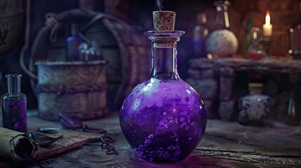 Old style opened glass bottle with purple liquid Magic potion or poison Witchcraft and divination