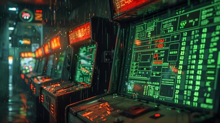 Poster - Futuristic Cityscape With Rain and Computer Screens Displaying Data