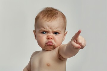 ultra realistic photograph of an angry baby pointing with an intense expression,conveying themes of 