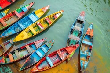 Top view of colorful painted boats floating on calm water, creating a vibrant and artistic seascape scene.