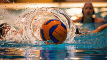 Poster - A volleyball ball hitting water in a pool with people playing, AI