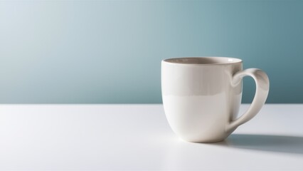 Poster - A white mug sitting on a table with blue wall behind it, AI