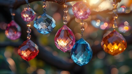 Colorful gemstones hanging from a tree branch