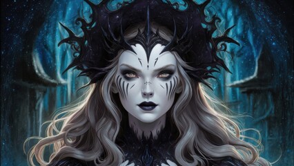 Sticker - A woman with a crown and dark makeup on her face, AI