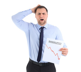 Wall Mural - Stressed businessman holding paper with word BANKRUPTCY on white background