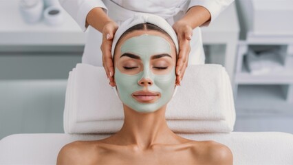 Poster - A woman getting a facial mask at the spa, AI