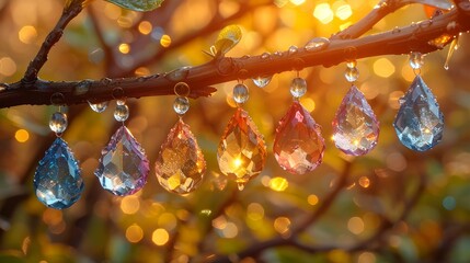 Colorful gemstones hanging from a tree branch