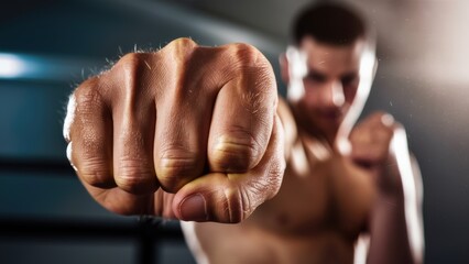 Canvas Print - A man with no shirt is pointing his fist at the camera, AI