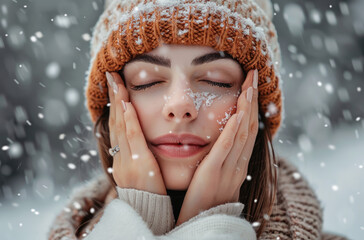 Wall Mural - A beautiful woman wearing winter , with snow falling in the background and her hands touching her face to show skincare for cold weather.