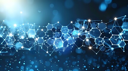 Poster - A futuristic digital illustration of a glowing blue molecular structure against a dark background. Perfect for technology, science, and medical-themed projects