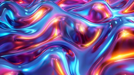 Poster - Vibrant, colorful abstract background featuring flowing, metallic liquid-like waves in shades of blue, purple, and orange. Ideal for digital designs, wallpapers, and modern art.