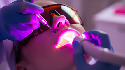 Dentist using a soft tissue laser to treat a patient's gums