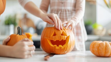 A woman and a child are carving a pumpkin together