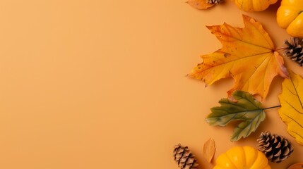 Canvas Print - A yellow background with leafy border and a few orange pumpkins and pine cones