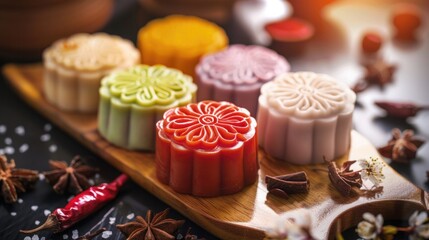 Moon cake for Mid autumn festival, Retro vintage style of Vietnamese traditional food and dessert.