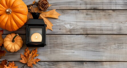 Canvas Print - A wooden table with a candle and some pumpkins on it