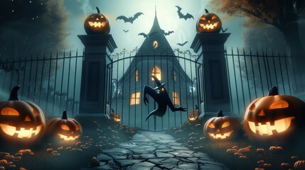 Wall Mural - A Halloween scene with a house and a fence