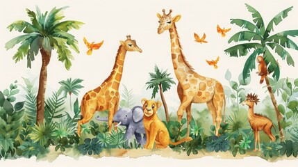 Wall Mural - Wild animals watercolor seamless pattern with giraffe and elephant monkey with cockatoo parrot savannah with palm trees Repeating background