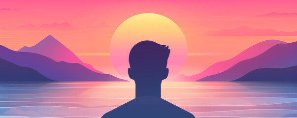 Silhouette of a man watching a serene sunset over a tranquil lake, surrounded by mountains, and a colorful sky in a peaceful landscape.