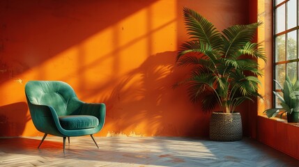 Wall Mural - Green Armchair and Palm Plant in a Room with Orange Walls