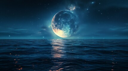 Wall Mural - Two moons in the sky, milky way, reflection on water surface, fantasy landscape, minimalist design, space for text, wide angle lens, hyper realistic