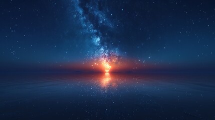 Wall Mural - Two moons in the sky, milky way, reflection on water surface, fantasy landscape, minimalist design, space for text, wide angle lens, hyper realistic