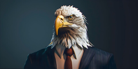 Eagle in a business suit symbolizes power, leadership, and professionalism. Ideal for corporate campaigns, leadership programs, or motivational content. Dark background adds focus.