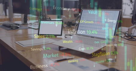 Poster - Image of financial data processing over laptop and tablet on desk at office
