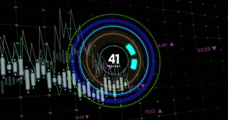 Poster - Image of graph processing data over blue loading ring with growing percent on black background