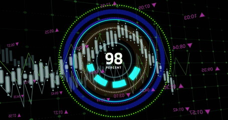 Poster - Image of graph processing data over blue loading ring with growing percent on black background