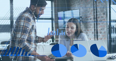 Aufkleber - Image of charts processing data over diverse female and male colleague talking at casual office