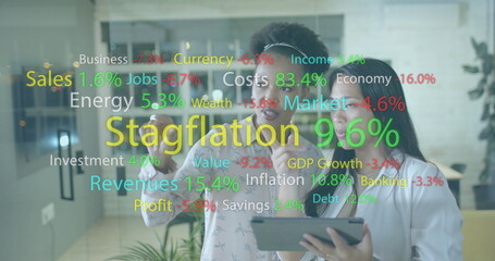 Poster - Image of financial data processing over diverse businesswomen in office