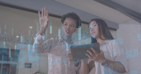 Poster - Image of financial data processing over diverse businesswomen in office