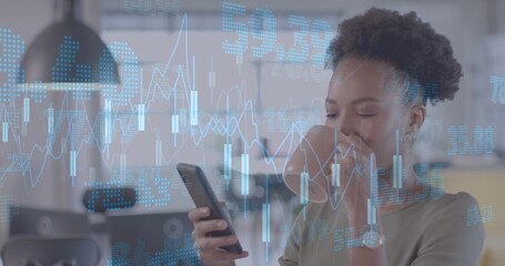 Poster - Image of graph processing data over african american businesswoman using smartphone at office