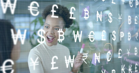 Poster - Image of international currency symbols over diverse female colleagues brainstorming at office