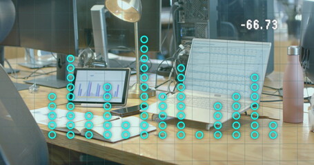 Poster - Image of countdown and graph processing data over laptop and tablet on office desk