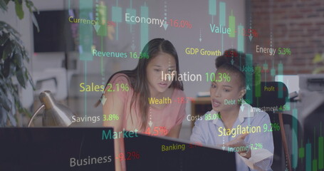 Poster - Image of financial data processing over diverse businesswomen in office