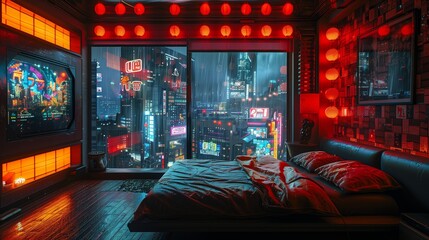 futuristic bedroom with city view and red lights