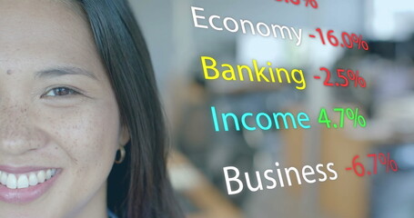 Poster - Image of financial data processing over biracial businesswoman in office