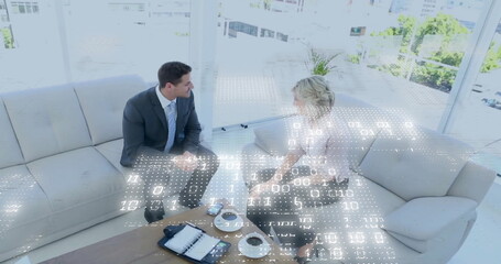 Poster - Image of binary coding data processing over diverse business people in office