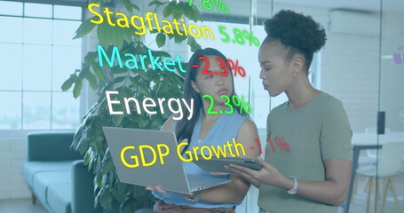 Poster - Image of financial data processing over diverse african american businesswomen in office