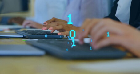 Poster - Image of binary coding data processing over diverse business people using computers
