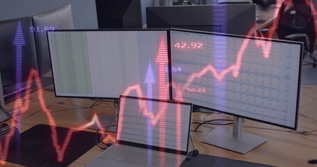 Poster - Image of financial data processing over computers on office desk