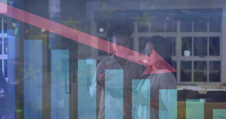 Poster - Image of financial data processing over diverse businesswomen in office