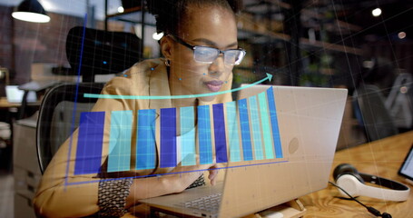 Poster - Image of financial data processing over african american businesswoman in office
