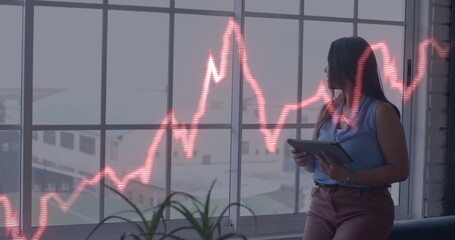 Poster - Image of financial data processing over biracial businesswoman in office