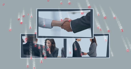 Poster - Image of binary coding data processing over diverse business people on screens