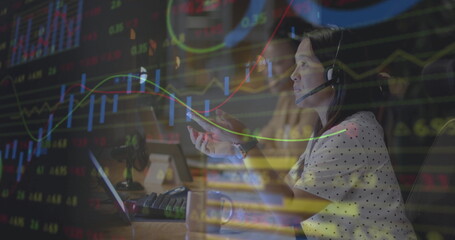 Poster - Image of financial data processing over diverse businesswomen in office