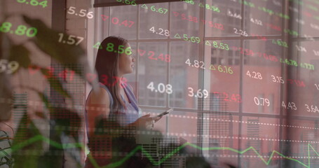Poster - Image of financial data processing over biracial businesswoman in office
